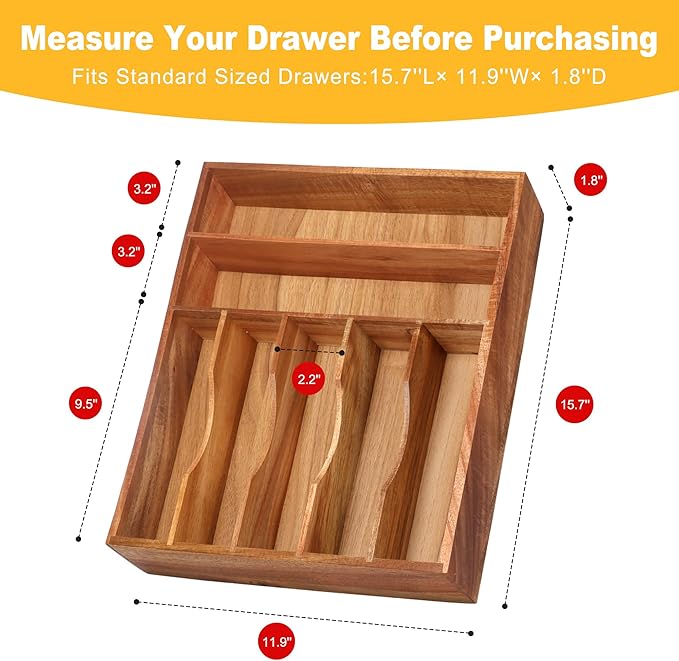 Kitchen Acacia Silverware Organizer, Extra Deep Grooved Drawer Divider