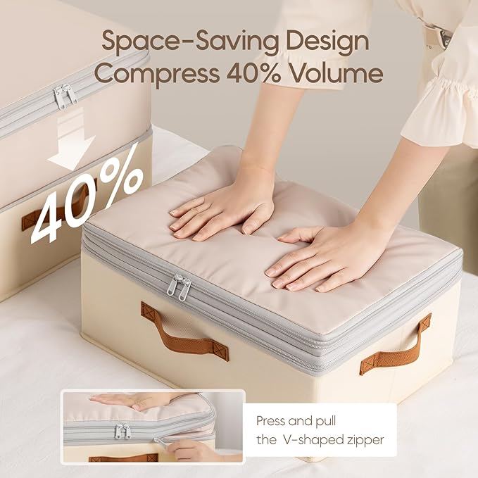 Homsorout Large Closet Storage Bins - Compression Organizer Bins, Stackable Closet Organizer, Expandable Under Bed Storage Containers for Clothes, Towels, Sheet, 4 Pack, Beige