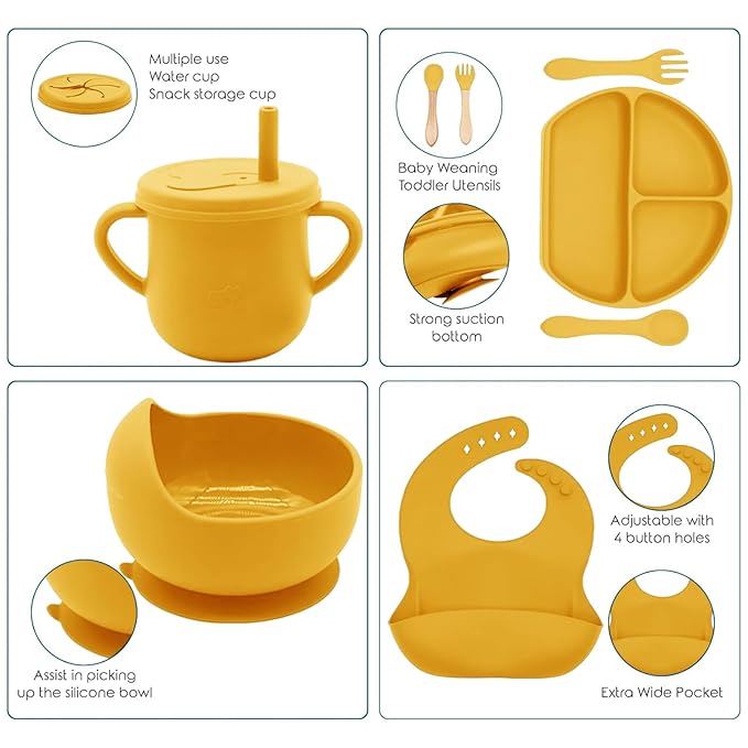 100% Silicone baby feeding set,BPA free Baby dishes set with Suction Bowl Divided Plate,Toddler Self Feeding Dish Set with Spoons Forks Sippy Cup And Bib, Baby Eating Utensils (Pumpkin)