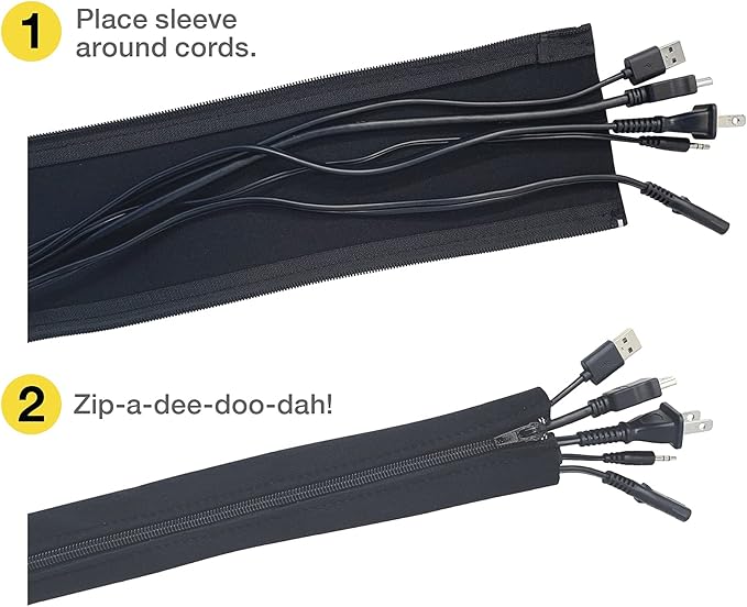 Zipper Cable Sleeve by Wrap-It Storage - 24" x 4" (4-Pack) Black - Cord Organizer and Cable Protector for Desk, Computer, TV Cord Management to Hide and Cover Wire and Extension Cables