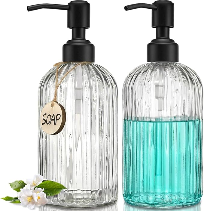 JASAI 2PACK 18Oz Simple Glass Soap Dispensers with Black Pump, Refillable Kitchen soap Dispenser with Vertical Stripe, Bathroom Soap Dispenser for Bathroom Hand soap, Dish Soap, Lotion.