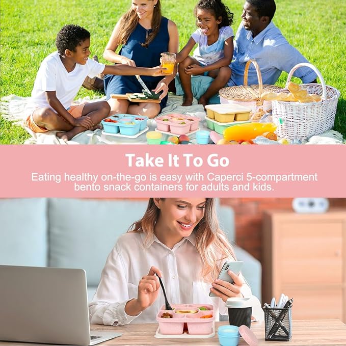 Caperci Original Lunchable Snack Containers for Kids & Adults - 5 Compartments Bento Snack Boxes with 4 Leakproof Small Containers, Wheat Straw