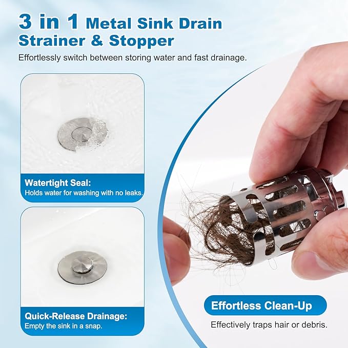 Hibbent 2 Pack Universal Bathroom Sink Drain Strainer, 3 in 1 Pop Up Stopper, Removable Stainless Steel Filter Basket, Brass Bullet Core