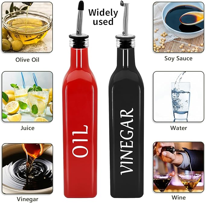 Olive Oil Dispenser Bottle,2 Pcs 17oz 500ml Glass O il and Vinegar Dispenser Set with 2 Stainless Steel Pourers, 8 Labels,Funnel Vinegar Bottles for Kitchen (Red Oil & Black Vinegar)