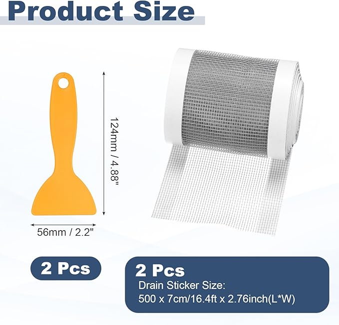uxcell 2Pcs Disposable Shower Drain Cover Hair Catcher, 2.76in x 16.4ft Self Adhesive Mesh Hair Stopper with Removal Tool for Bathroom Kitchen Linear