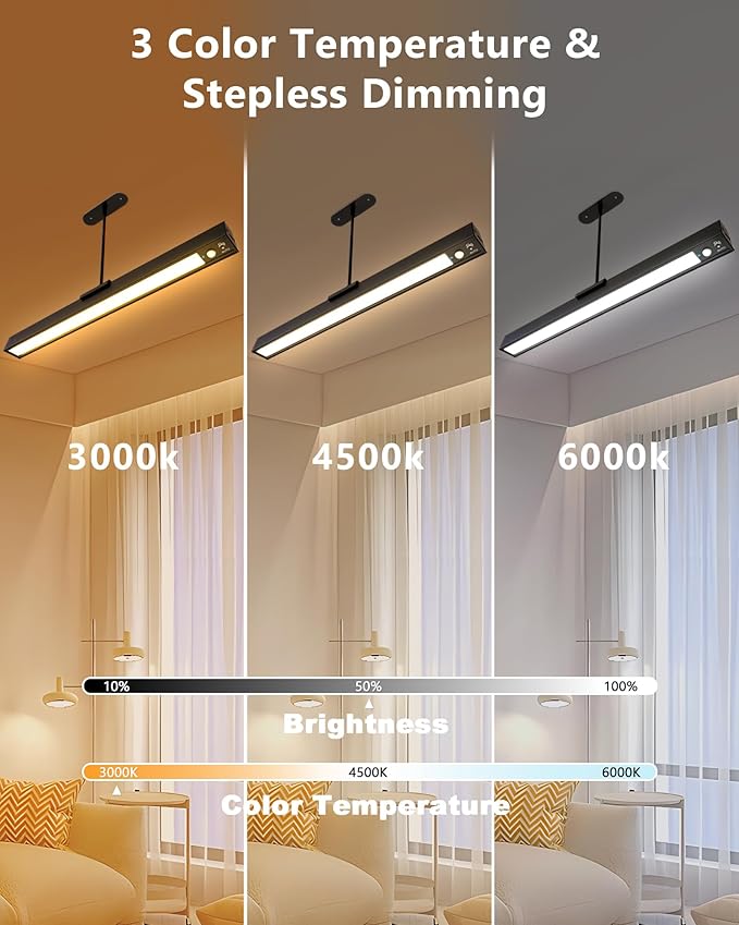 Rechargeable Motion Sensor Ceiling Light, Full Metal Pendant Lights, Battery Operated LED Closet Lights with Remote, Timer - 3 Color 500LM Dimmable, Cordless Magnetic Mount for Garage Kitchen,Black