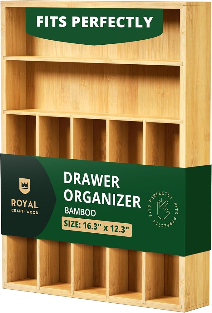 ROYAL CRAFT WOOD Luxury Bamboo Utensil Rack and Silverware Organizer, Kitchen Drawer Organizer - Utensil Holder and Cutlery Tray with Grooved Drawer Dividers for Flatware 7 Slot, Natural