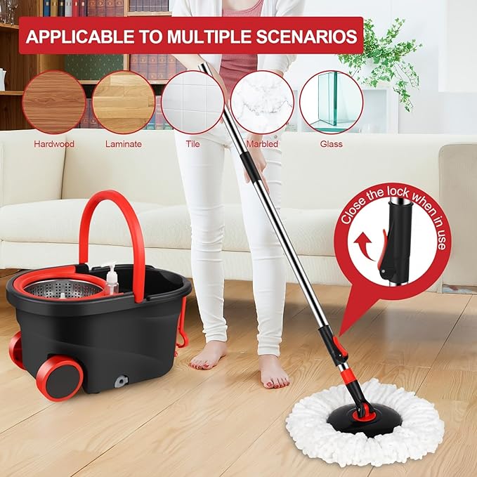360° Spin Mop and Bucket System with Wringer - 61" Stainless Steel Handle & 3 Microfiber Refills, Self-Cleaning Floor Mop for Tile, Hardwood, Laminate Floors