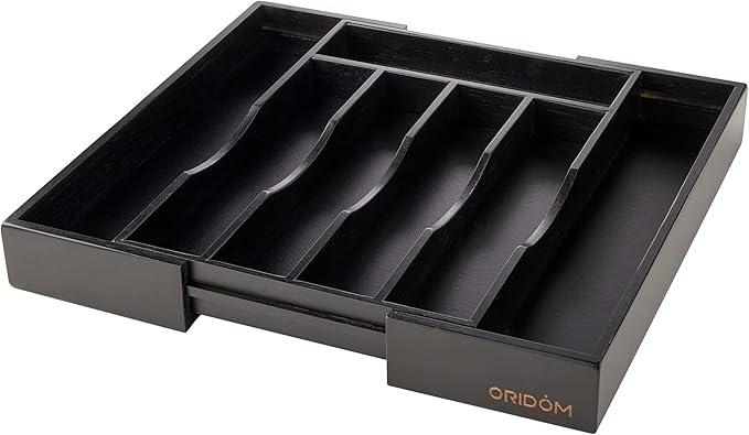 Expandable Bamboo Kitchen Drawer Organizer for Cutlery and Utensils, Black