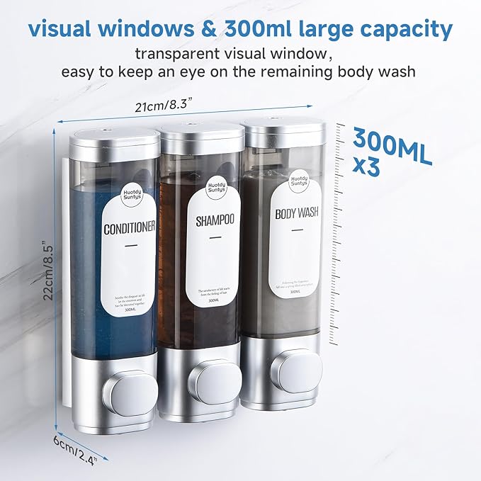 Shampoo and Conditioner Dispenser, Refillabe Shower Soap Dispensers 3 Chamber No Drill Shampoo Dispenser for Shower Wall Mounted 3 * 300ml Container for Bathroom Hotel (Sliver 3 Chamber)