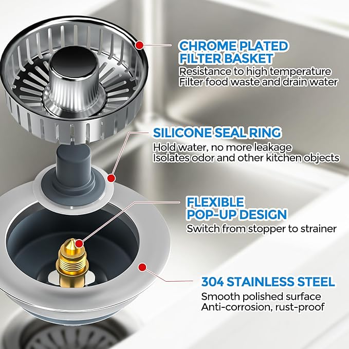 zaa Kitchen Sink Drain Strainer - Kitchen Sink Stopper, 304 Stainless Steel Sink Drain Stopper, Sink Protector for Kitchen with Anti-Clog Filter