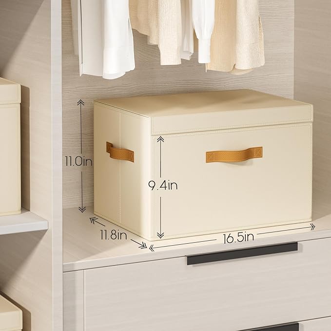 Homsorout Large Storage Bins with Lids - Front Opening Fabric Storage Bins, Flap Closet Organizer with Handles, Collapsible Boxes with Lid, Decorative Basket for Home, Dorm, 4 Pack, Beige
