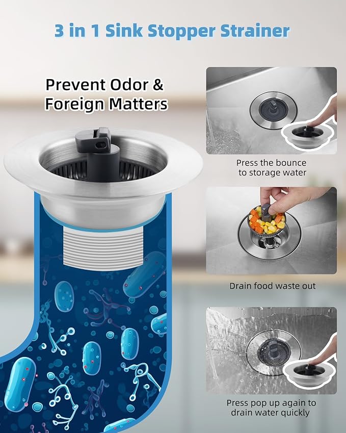 Universal 3 in 1 Kitchen Sink Drain Strainer Stopper Combo, Stainless Steel Shell Pop Up Sink Stopper for US Standard 3-1/2 inch Drain Filter