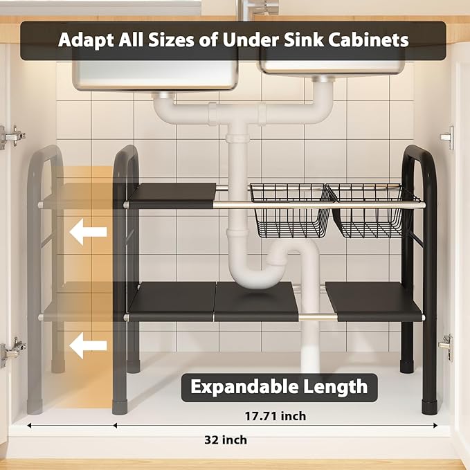 Expandable Under Sink Organizer, 2 Tier Under Sink Shelf with 2 Removable Baskets and 6 Removable Panels for Cabinet Sink Cloakroom Wardrobe Closet Storage(Black, 17.71”-32”Length