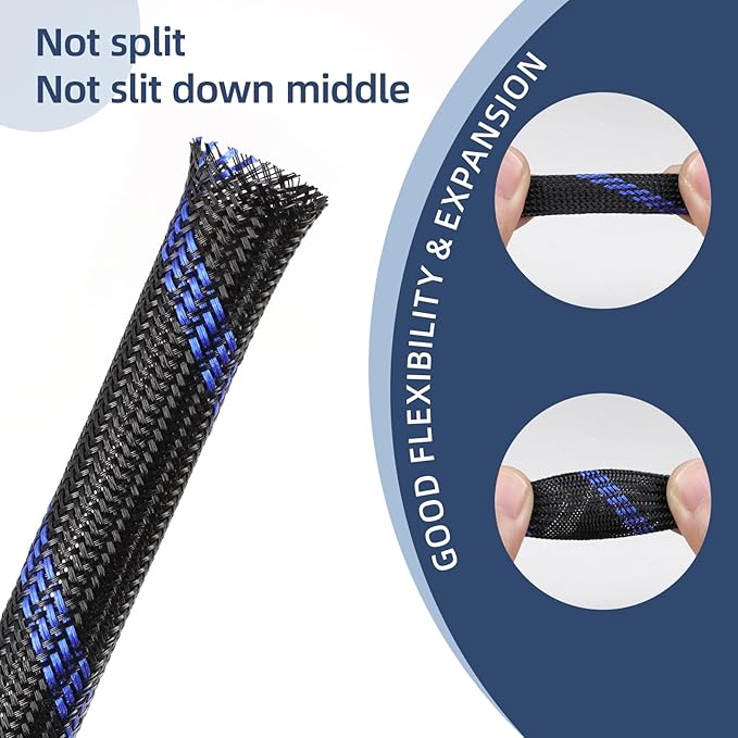 Braided Cable Sleeving, PET Expandable Braided Cable Sleeve, Flexible Mesh Sleeving Cord Management for Audio Video and Other Home Device, Cord Protector from Pets (Blue Red, 3/8" x 25ft)
