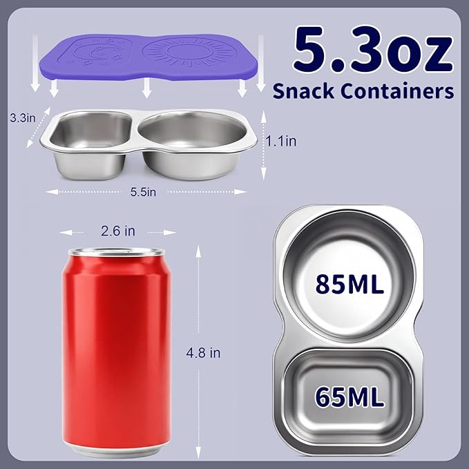 QCQHDU Snack Containers, 2-Compartment Small Stainless Steel Reusable Snack Boxes for Portion Control, Meal Prep Lunch Food Sauce Storage Lunchable Accessories Salad Dressing Containers to Go, 6 Pack