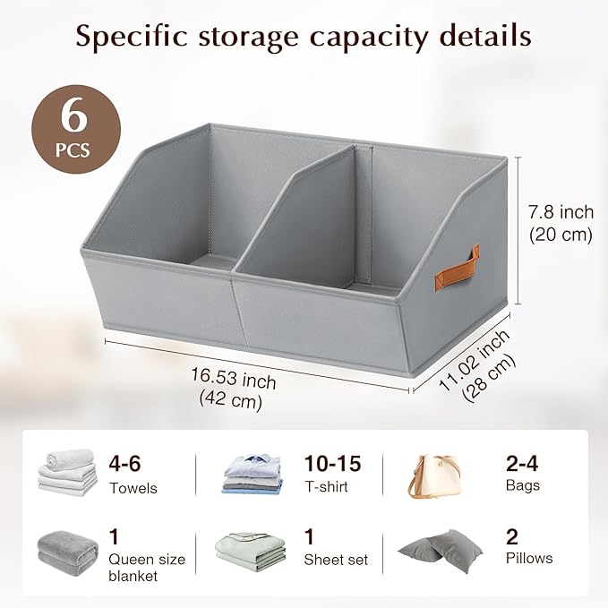Homsorout Closet Organizers and Storage Bins - 6 Pack Collapsible Divided Trapezoidal Cube Storage Bins Baskets For Organizing Clothes Blankets,Toys, Books, Towels(Light Grey)