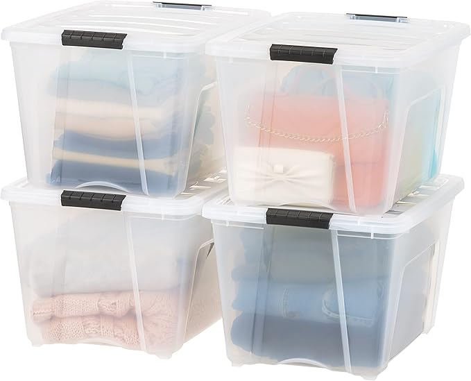 IRIS USA 54 Qt Stackable Plastic Storage Bins with Lids, 4 Pack - BPA-Free, Made in USA - See-Through Organizing Solution, Latches, Durable Nestable Containers, Secure Pull Handle - Clear