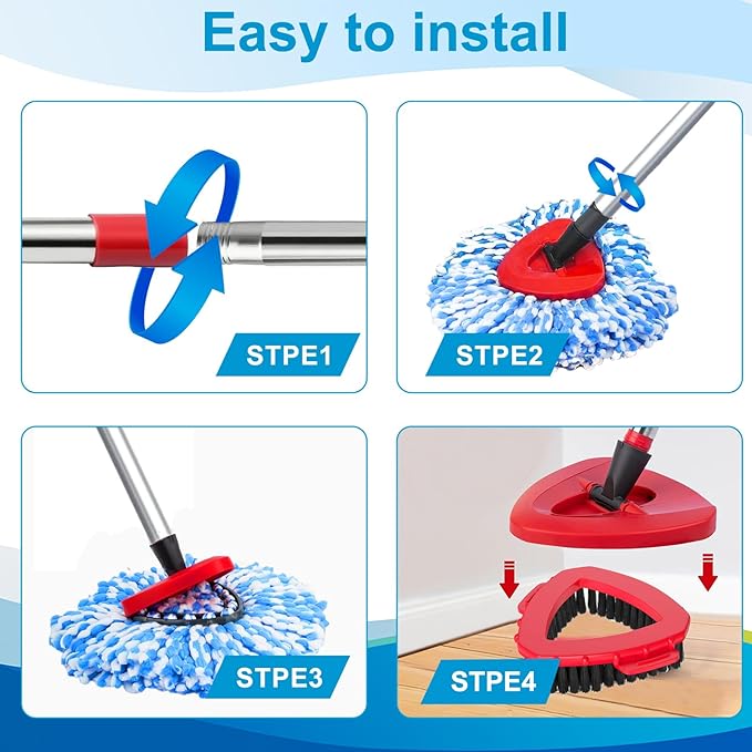 O-Cedar Spin Mop Head, Base, Handle Replacement for RinseClean 2 Tank System, 4 Microfiber Mop Refills,1 Scrub Brush,1 Base and 30-58in Handle Set Combo, Blue, for Wood, Tile, Laminate, Marble