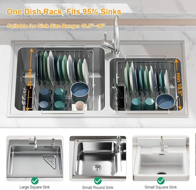 Expandable in Sink Dish Drying Rack, Adjustable Capacity (10.5''-16'') Stainless Steel Over The Sink Dish Drying Rack, Dish Drainer for Kitchen Sink Counter with Utensil Holder