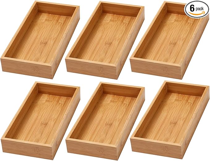 YBM HOME Bamboo Drawer Organizer Storage Box for Kitchen Drawer, Office, Bedroom, Children Room, Craft, Sewing, and Bathroom, 6 Pack 6x15x2 inch