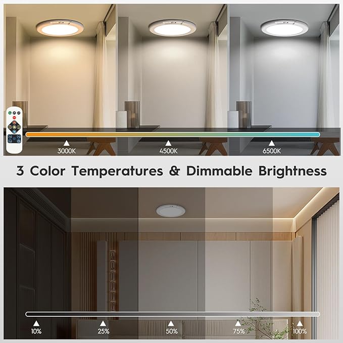 2 Pack Rechargeable Motion Sensor Ceiling Light, Wireless Ceiling Lights Battery Operated Closet Light with Remote, 500LM 3000K/4500K/6500K, 0.55″ Ultra Thin Lights for Bathroom Hallway Pantry