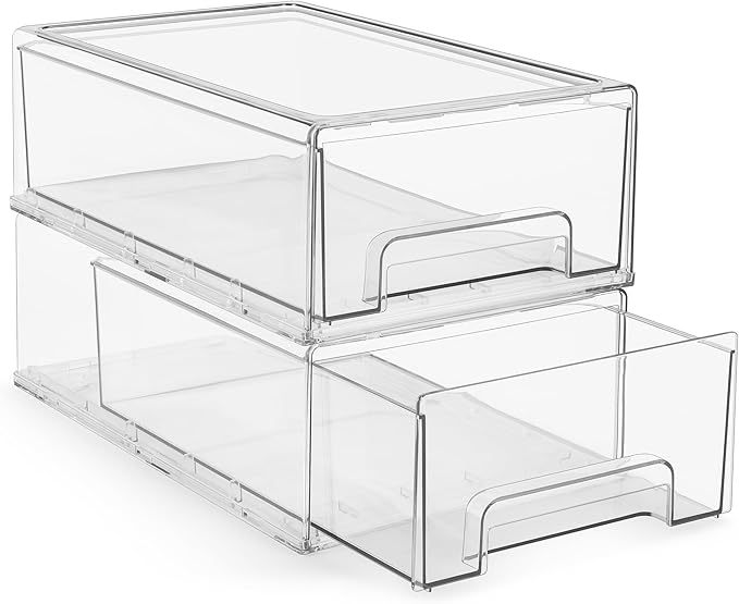 Sorbus Medium Clear Stackable Storage Drawers – 2-Pack Plastic Organizer Bins with Handles – Stackable Pull-Out Storage Drawers for Closet, Pantry, Office, Bathroom, Craft, and Toy Organization
