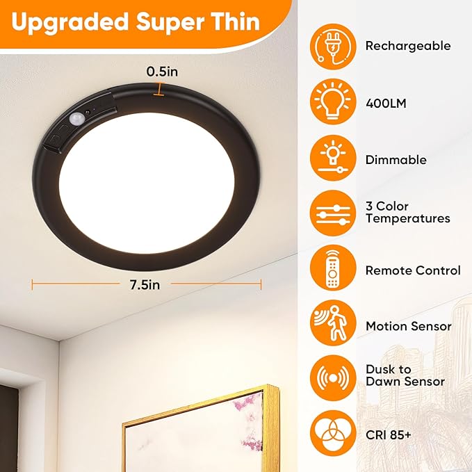 Rechargeable Motion Sensor Ceiling Lights with Remote, Battery Operated Ceiling Lights No Wiring, Wireless LED Ceiling Lights, 3 Colors Dimmable Overhead Lamps for Closet Shower Pantry Hallway, Black
