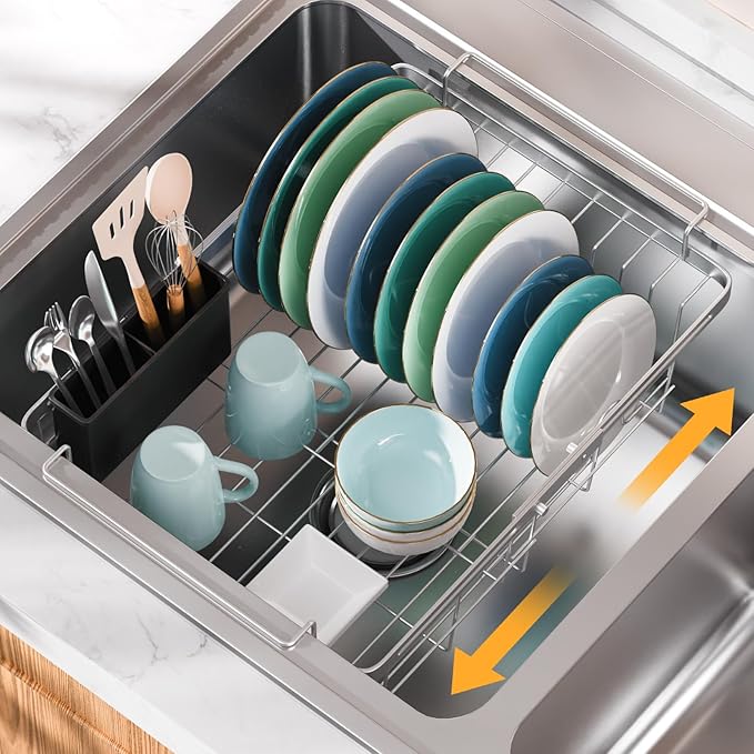 Orgneas Real Capacity Expandable Dish Drying Rack in Sink, Stainless Steel Over the Sink Dish Drainer with Utensil Holder for Kitchen Counter, Fit for Interior Width 10.5''~17'' Sinks