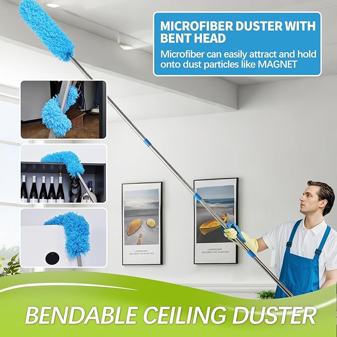 High Reach Duster Kit with14 ft Extension Pole High Ceiling Dusting and Window Cleaning Kit with Spliceable Pole - Cobweb Duster, Fan Blade