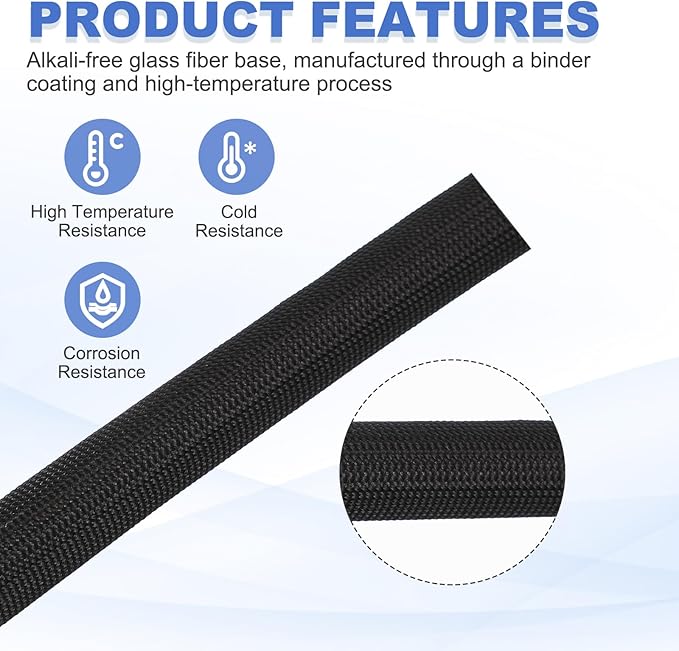 uxcell Insulation Cable Protector,2.5mm/0.10 Inch-15m/49 Feet High Temp Fiberglass Sleeve Black