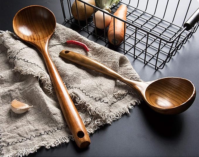 2 Pcs Wooden Spoon Ladle for Cooking Spoons Best Non Toxic Kitchen Tools -14 inch Long Kitchen Cooking Utensil & 11 inch Best Wood Spoons Large Deep Ladle Serving Spoons Soup Ladles Set