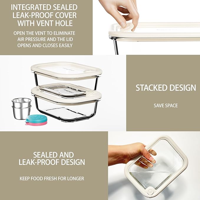 Glass Food Storage Containers with Silicone Glass Lids, Stainless Steel Salad Dressing Containers, Microwave-safe LeakProof Food Containers Set