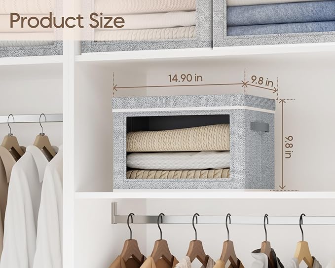 Homsorout Collapsible Storage Bins with Lids - Stackable Storage Containers with Window, 6 Pack Fabric Cube Bins for Closet, Home & Office Organization Baskets, Light Gray, 14.9" x 9.8" x 9.8"