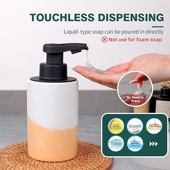 BosilunLife Automatic Soap Dispenser Ceramic Hand Free Soap Dispenser with Waterproof Pump Rechargeable Smart Electric Soap Lotion Dispenser Touchless for Kitchen Bathroom (White-Orange, Liquid Pump)