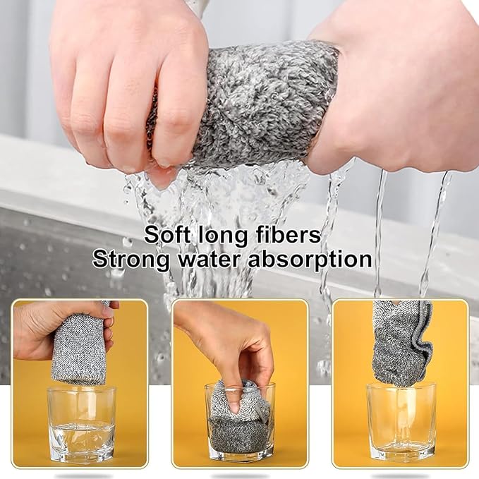 6 Pcs New Upgrade 2-Layer Non Scratch Wire Dishcloth，Super Absorbent Bamboo Charcoal Dish Cloths，Multipurpose Wire Dishwashing Rags for Wet and Dry，Wire Washing Cloth for Dishes, Stove Tops