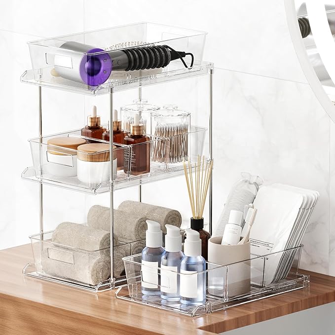 Pull-Out Home Organizers, 2 Tier Clear Bathroom Organizer with Dividers