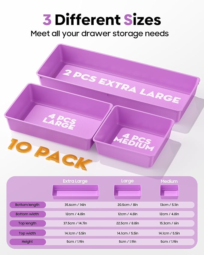 10 Pack Large Size Plastic Drawer Organizers Set, Purple