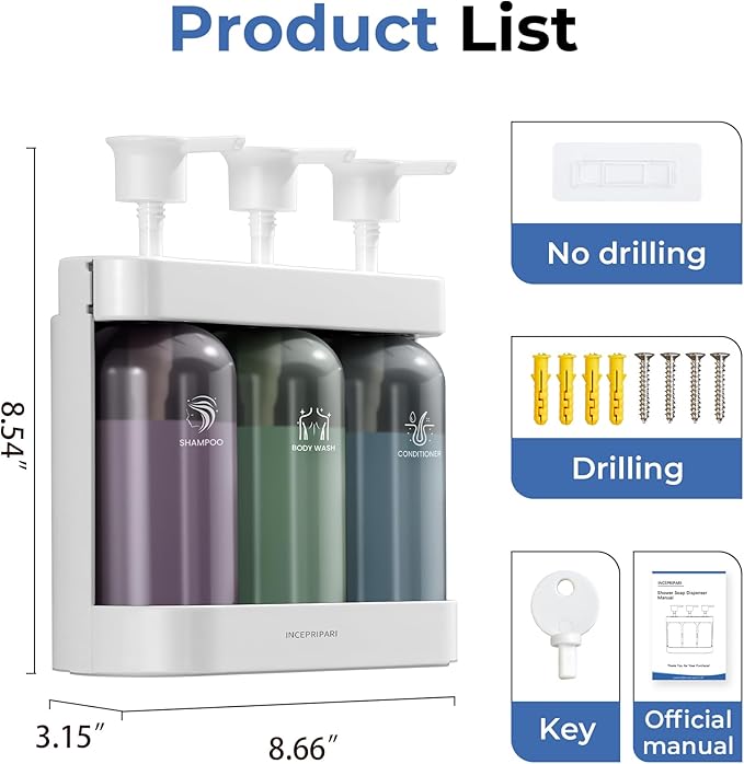 Shower Soap Dispenser Wall Mounted, Shower Dispenser 3 Chamber No Drill, Shampoo and Conditioner Dispenser for Bathroom Hotel, Shower Shampoo Dispenser 3 Chamber, White