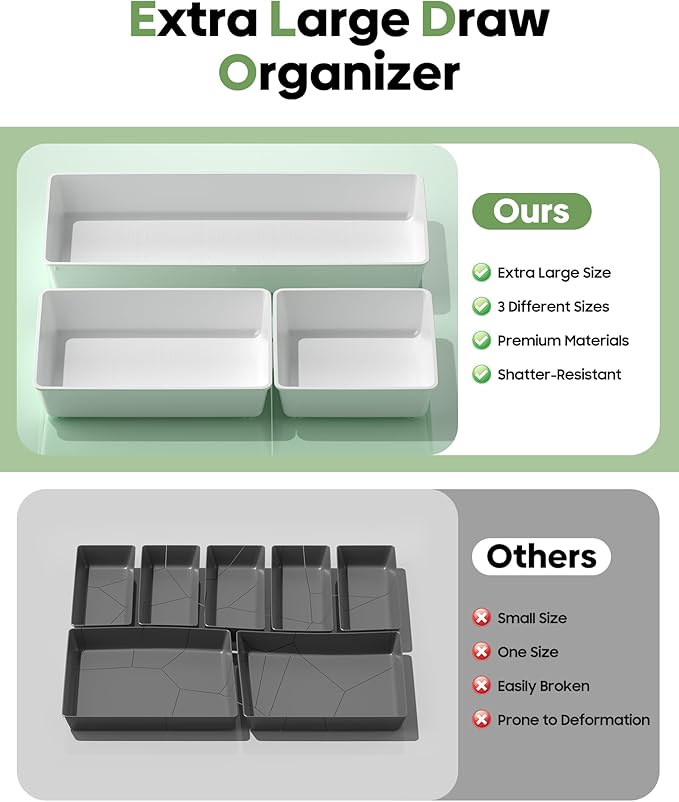 10 Pack Large Size Plastic Drawer Organizers Set, White