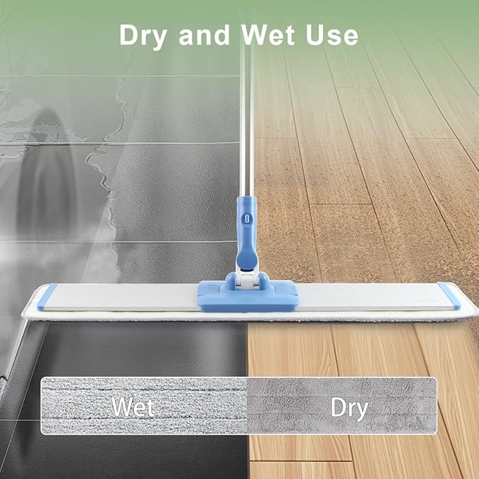 CQT Commercial Flat Microfiber Floor Mop Cleaning System 24" Inch Wet Dry and Dust Hardwood with 4 Washable Pads Cleaner for Laminate Tile Stainless Steel Handle and Extension (Blue)