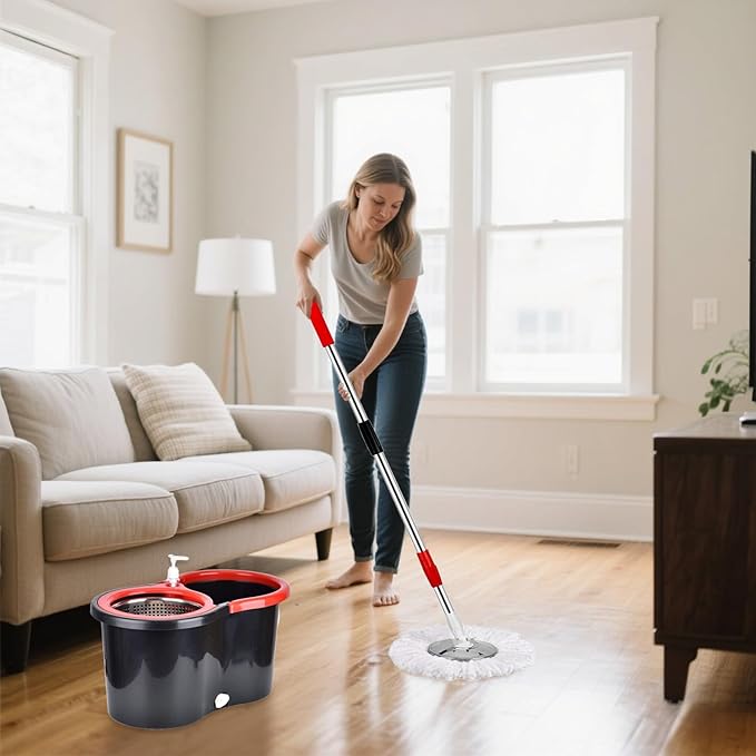 Spin Mop and Bucket Set, 360 Spin Mop and Bucket Stainless Steel,Floor Cleaning System,with 3 Replacement Heads (Black-1)