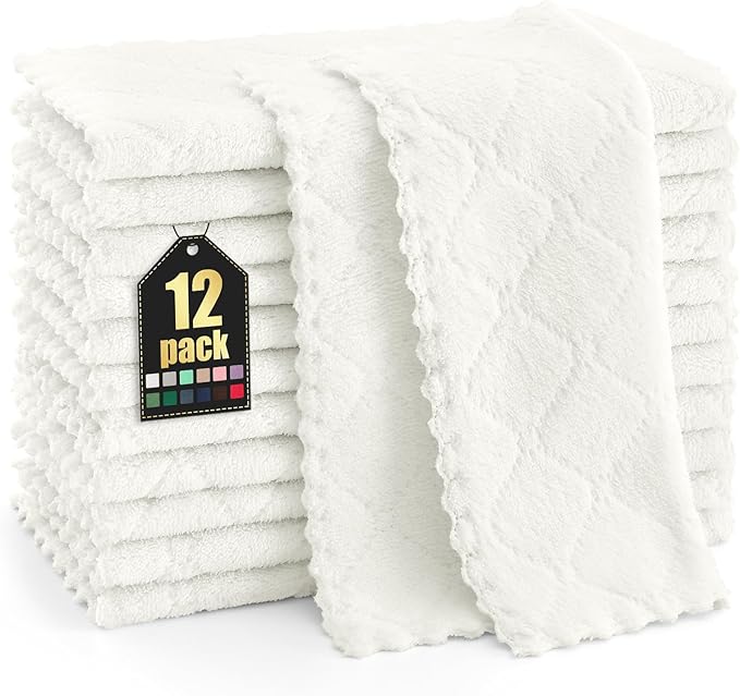 Homaxy 12 Pack Kitchen Dish Cloths (10 x 10 Inches, White), Super Soft and Absorbent Coral Velvet Dish Towels, Nonstick Oil Fast Drying Microfiber Cleaning Cloth, No Lint Household Dishcloths