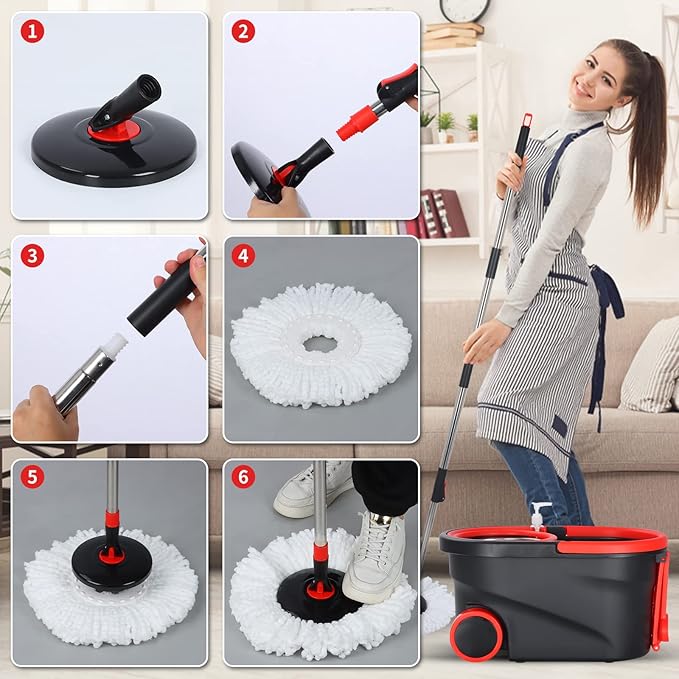 Spin Mop and Bucket, Mop Set with Bucket On Wheels with 3 Microfiber Mop Refills, Stainless Steel 61" Extended Handle Mop and Bucket with Wringer Set for Floor Cleaning
