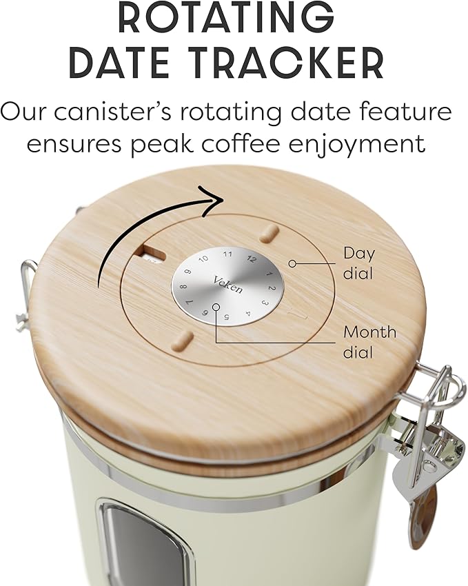 Veken Coffee Sugar Canister with Window, Airtight Stainless Steel Kitchen Food Storage Container with Lids, Date Tracker and Scoop for Grounds Coffee