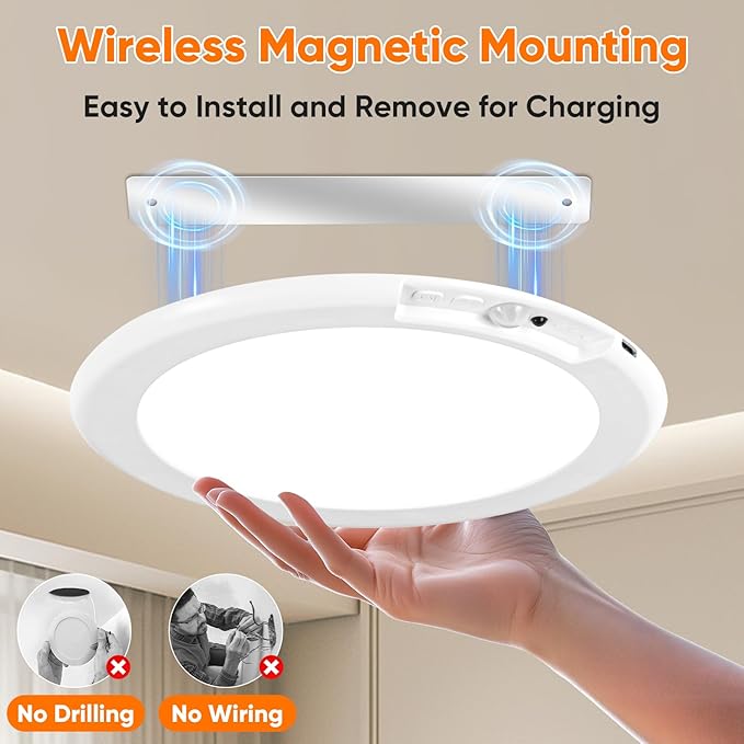 2 Pack Rechargeable Motion Sensor Ceiling Light with 12 RGB Colors and Cool White Lights, Battery Operated Ceiling Light with Remote, Magnetic Motion Sensor Lamp for Closet Pantry Hallway Porch