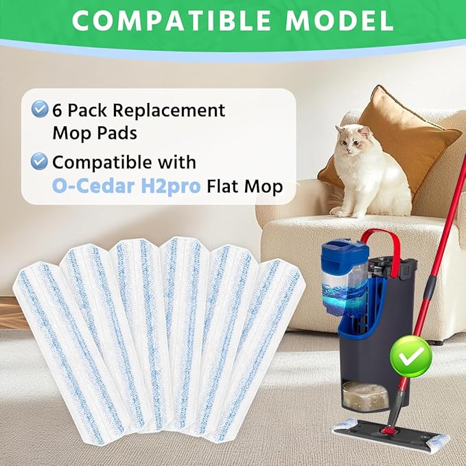 6 Pack H2prO Mop Pads Compatible with O Ceda H2PrO Flat Mop System, Reusable Mop Pads, Microfiber Mop Heads Replacements for Ocedar Flat Mop, Washable Microfiber Mop Cleaning Refills Pads