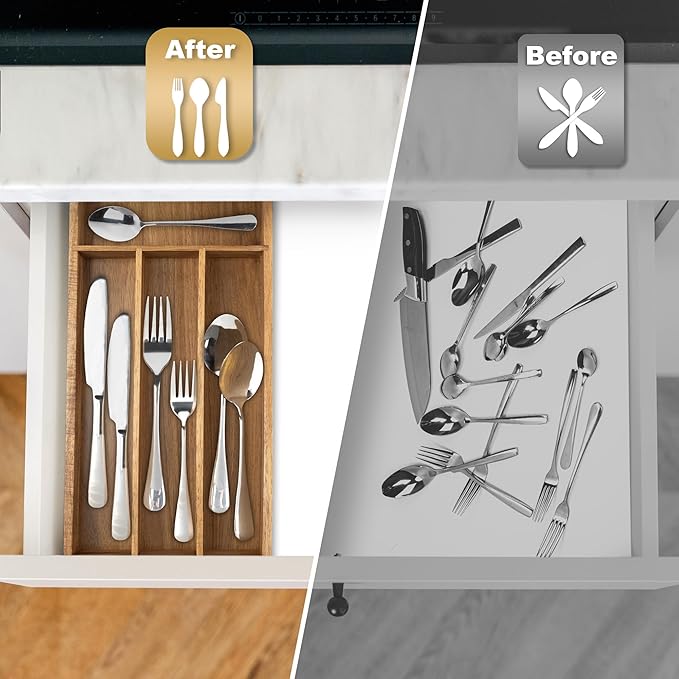 Acacia 4 Slot Silverware Drawer Organizer - Cutlery Holder with Flatware Tray