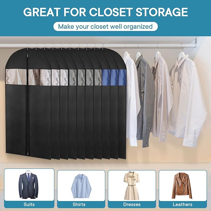 Garment Bags for Hanging Clothes, 43" Suit Bags for Closet Storage & Travel, 2-Pack Garment Covers with Clear Window, Foldable Clothing Bags for Suits, Jackets & Shirts (Black)