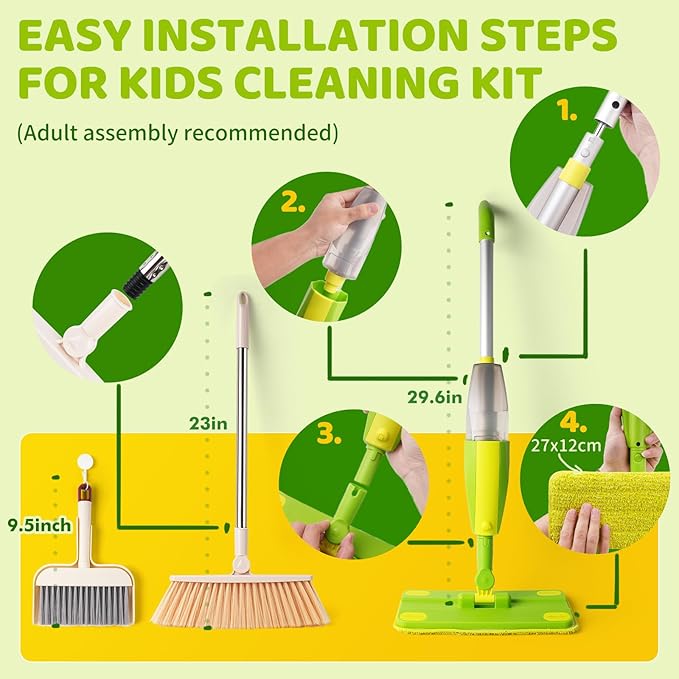 Kids Spray Mop,Toddler Mop Cleaning Set, Real Working Mini Mop & Kids Broom Dustpan Set, Housekeeping Pretend Play Toy, Montessori Kid Cleaning Toy Set Includes Organizer Clip -Green